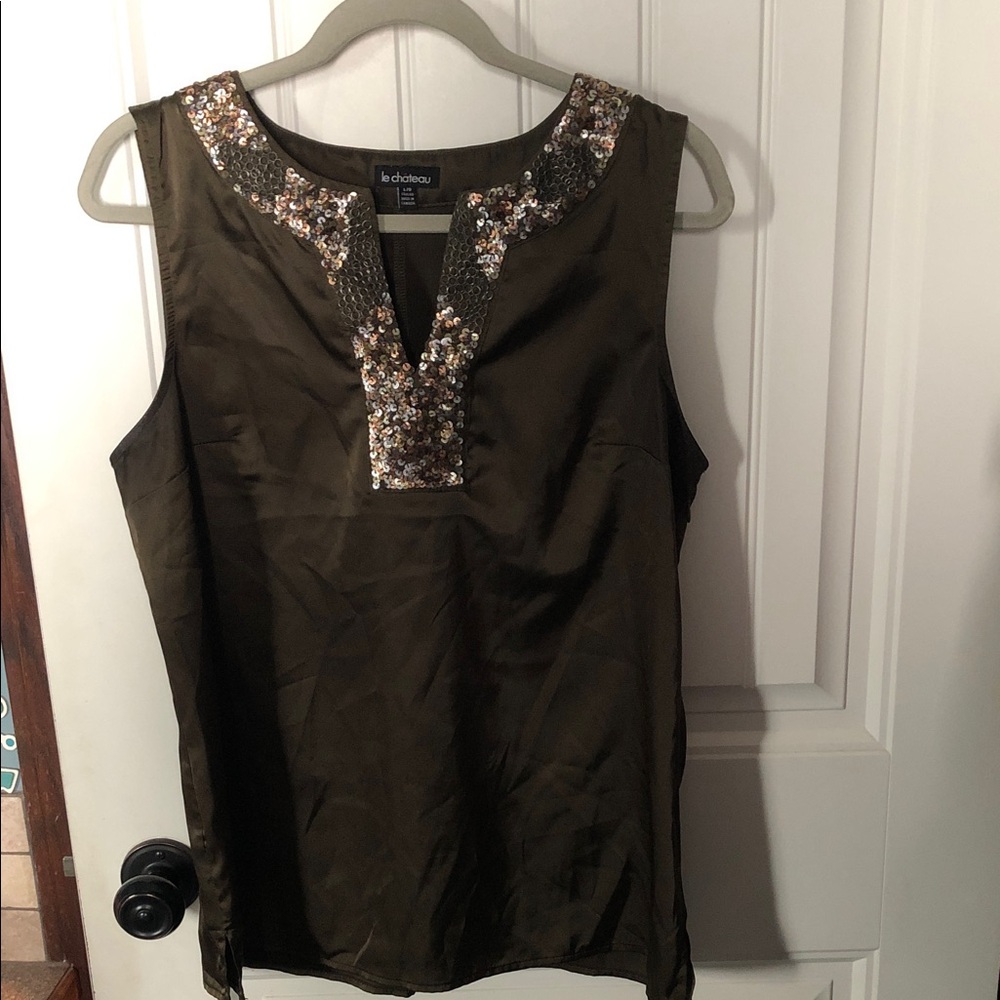 le chateau Olive Green Sleeveless Top with Sequin Trim